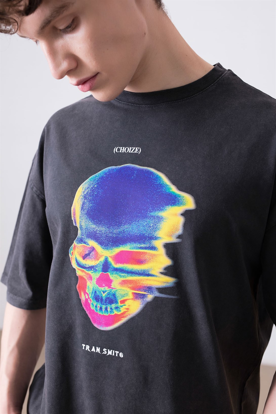 Trendiz Unisex Thermal Skull Yıkamalı Antrasit Tshirt